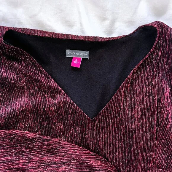 Vince Camuto Women's Metallic V-Neck Sheer-Sleeve Top, Wine Color Holiday - Picture 7 of 7